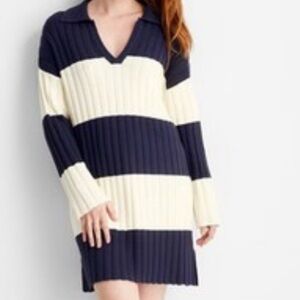 Striped Ribbed Knit Sweater Dress in Navy and Cream